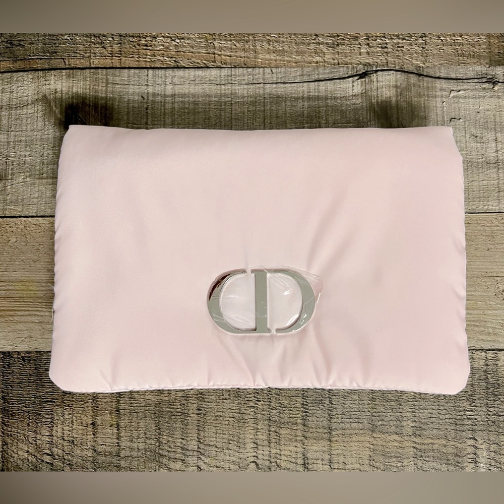 Christian Dior Blush Pink Cosmetic Pouch with Silver Emblem puffy puffer NEW